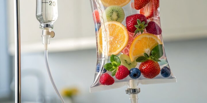 Fruity IV Drip Wellness Infusion with Orange, Strawberry, Kiwi, Berries, health ,vitamin
