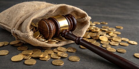 Gavel and Gold Coins in Sack,Justice ,Wealth