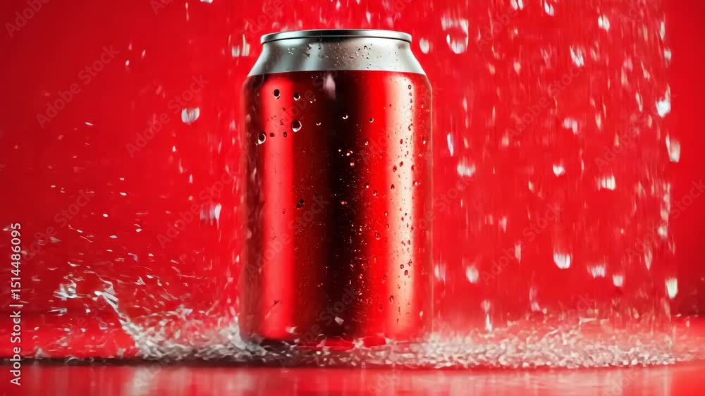 Poster can of soda is sitting on a red background. the can is shiny and has condensation on it