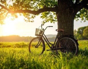 Fototapeta premium Bicycle in meadow sunset