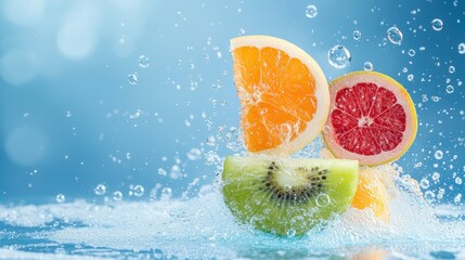 Sparkling Carbonated water with fruit slices creating refreshing bubbles.