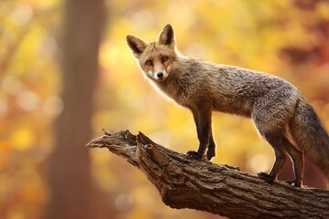 Obraz premium Fox poses on fallen autumn tree