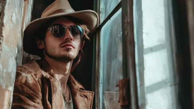 Attractive tourist enjoying vintage ambiance near window in museum, Attractive tourist near a vintage window in a museum