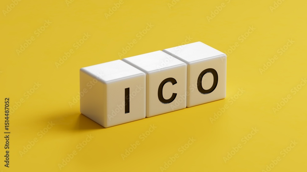 Poster letters of the alphabet of ico on wooden cubes. ico - short for initial coin offering.close up of wo