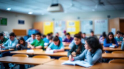 Blurred classroom interior filled with students at desks, focused on learning activities