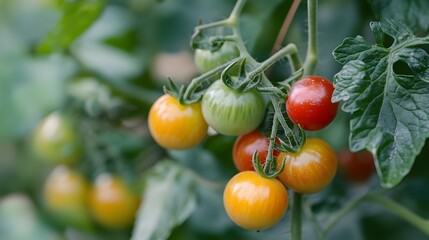 A cluster of cherry tomatoes on the vine, isolated, no text or logo