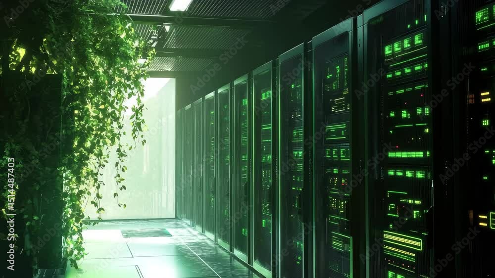 Poster data processing and ecology icons integrated within a server room illuminated by natural light, data