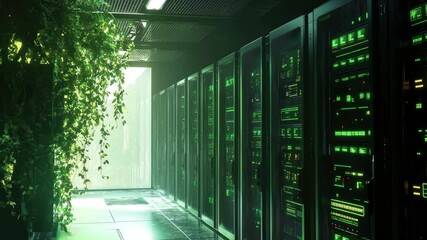 Data processing and ecology icons integrated within a server room illuminated by natural light, data processing and ecology icons over server room - Powered by Adobe