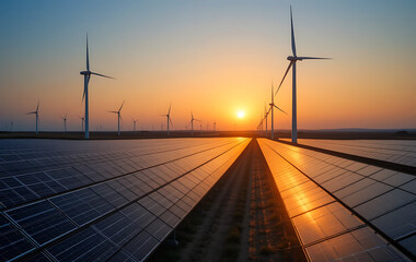 Wind turbines farm on open field, clean renewable energy