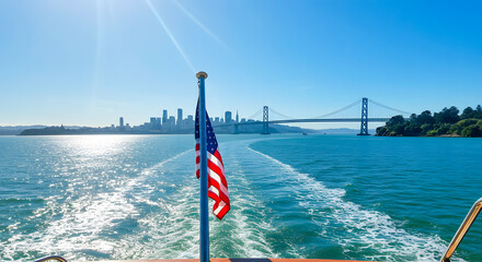 Fototapeta premium American Flag with San Francisco Bay Bridge and Skyline View