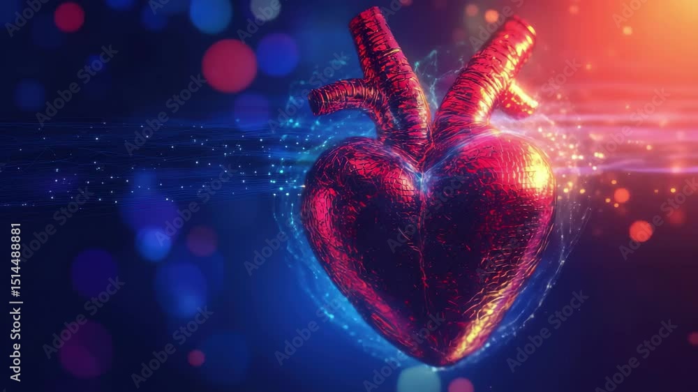 Poster Abstract representation of heart movement surrounded by vibrant light effects, heart movement with abstract light background