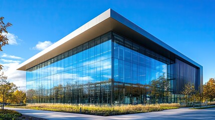 Obraz premium A modern office building with glass facade reflecting the sky and trees on a sunny day outside area