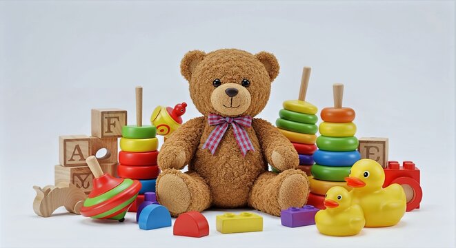 Collection of Colorful Toys Featuring a Teddy Bear on studio background