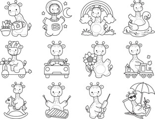 Coloring pages of Set Vector Stock Illustrations Isolated of Baby Giraffe.
Outline of Cute giraffe animals with various activities.
