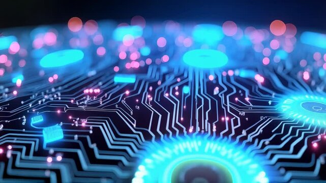 A vibrant, futuristic circuit board with glowing blue and pink data points, suggesting advanced technology and connectivity