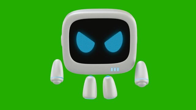 White 3D robot character animation with angry movement while pointing his hand forward. Green screen background. Perfect looping.