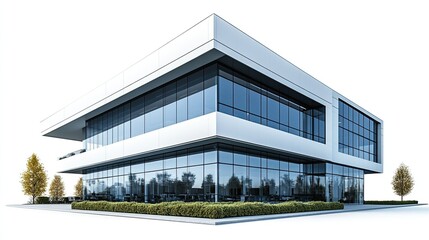 A modern two story building with glass windows and white exterior under a bright sky on a sunny day