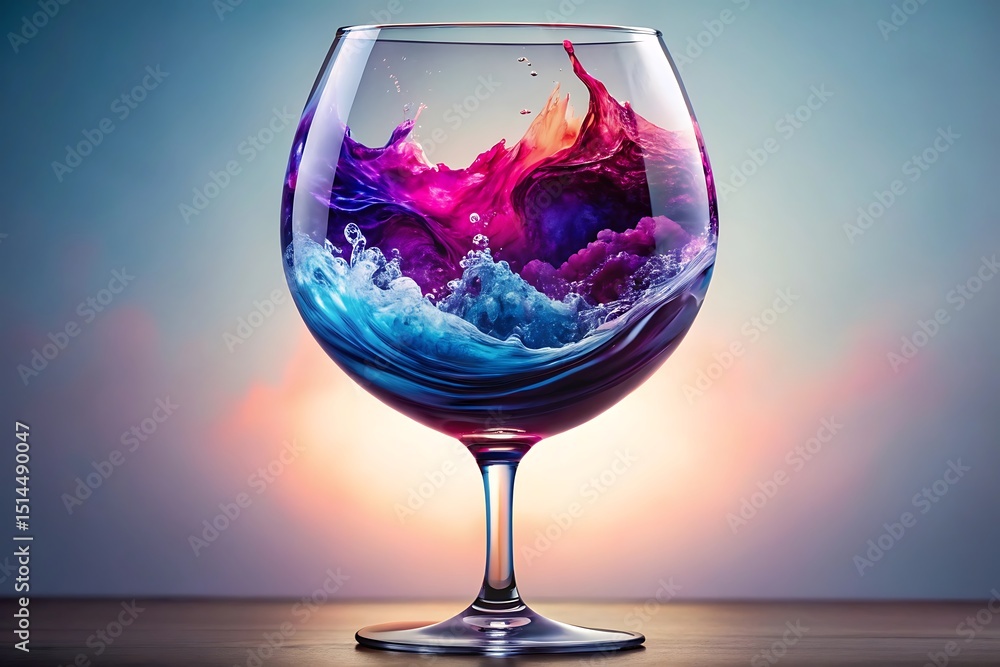 Poster elegant wine glass with a vibrant splash of colorful liquid creating dynamic waves and reflections a