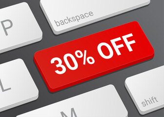 30% Off Button on Computer Keyboard with White Text for Discount Offer Online Shopping Ecommerce Marketing and Interface Close Up Illustration