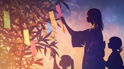 七夕、短冊、短冊に願いを込めて笹に飾る親子のシルエット