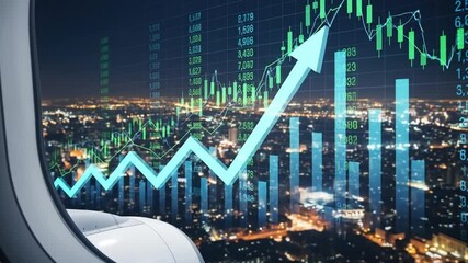 Financial Growth Chart Overlayed on Night City View From Airplane Window - Powered by Adobe