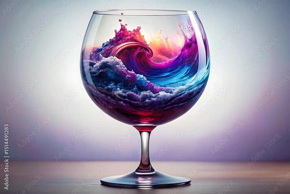 Poster colorful abstract wave inside a wine glass creating a dynamic and vibrant visual, a modern and creat
