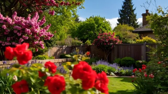 Idyllic backyard garden with colorful flowers, lawn, shrubs, and trees on sunny day