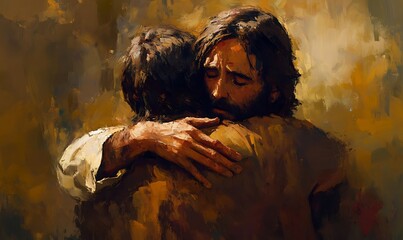 Jesus Christ hugging and comforting a man, oil painting. Generative Ai