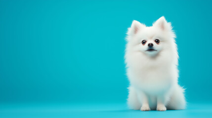 Fluffy white puppy sitting against a bright blue background, exuding cuteness and charm with its alert expression.
