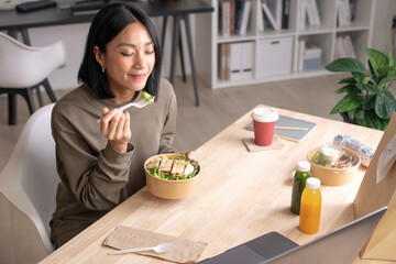 Asian woman eating healthy meal while working, Businesswoman having a lunch break at the office