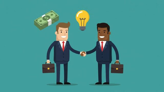 Businessmen Handshaking Cartoon Style with Money and Idea Lightbulb