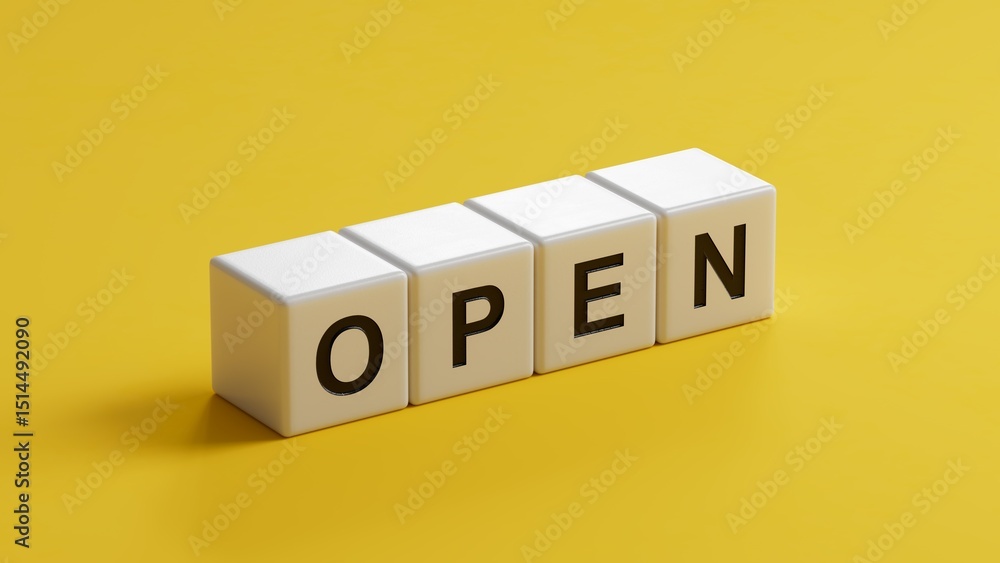 Poster open.wooden cubes spelling.flat lay view from above on yellow background with wooden cubes buttons.i
