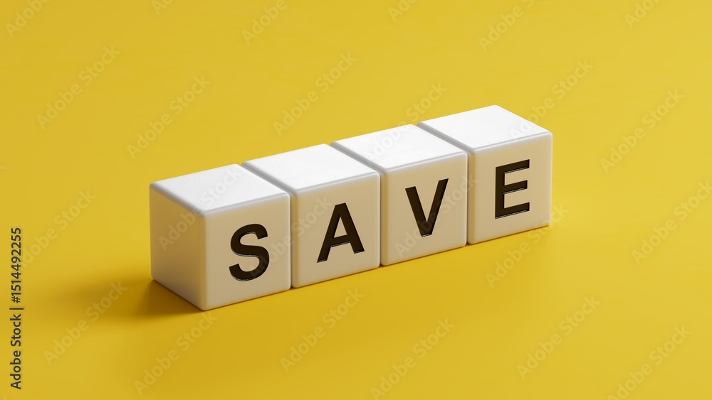 Poster symbol for saving or spending money. dice form the word 
