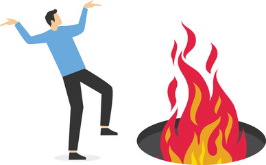 Businessman approaching to a black hole of fire, illustration vector cartoon stock illustration

