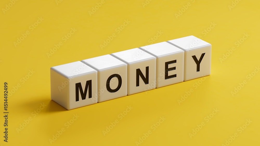 Poster money.wooden cubes spelling.flat lay view from above on yellow background with wooden cubes buttons.