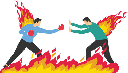 Conflicts and contradictions, quarrels, arguments or rivalries, two businessmen with their backs on fire trying to attack each other stock illustration


