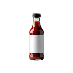 Glass bottle of red sauce with blank label mockup hot on transparent background