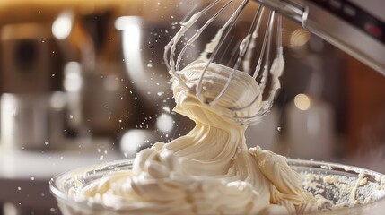 Close up of a metal whisk mixing white cream in a glass bowl in a bright kitchen setting indoors