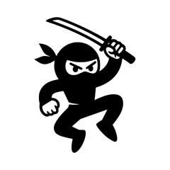 A stylized ninja silhouette in black and white