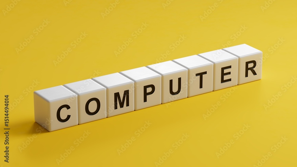 Poster computer.wooden cubes spelling.flat lay view from above on wooden cubes buttons.it technology concep