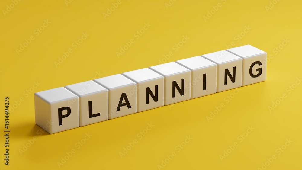 Poster planning.wooden cubes spelling.flat lay view from above on yellow background with wooden cubes butto