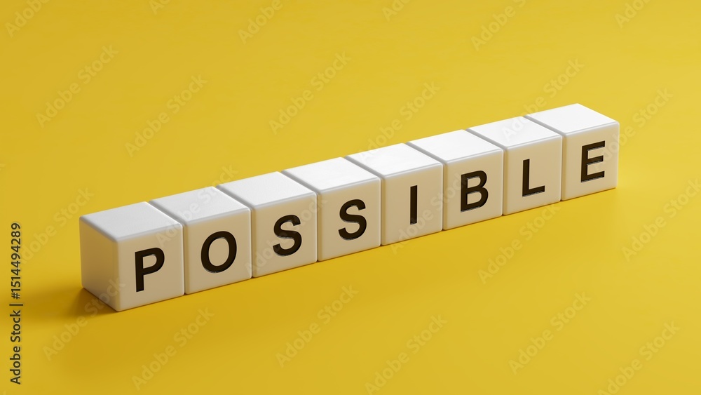 Poster possible.wooden cubes spelling.flat lay view from above on yellow background with wooden cubes butto
