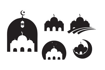 mosque architecture, silhouette, crescent moon, islamic, vector illustration, minimalist art

