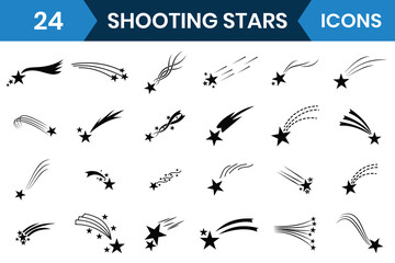 Shooting stars icon vector set design. Abstract Meteorite and flying comet symbols with tail. Silhouette of shooting star, falling meteor, abstract galaxy element. Vector illustration.