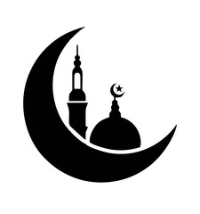 crescent moon, mosque, silhouette, black and white, minimalist, vector graphic
