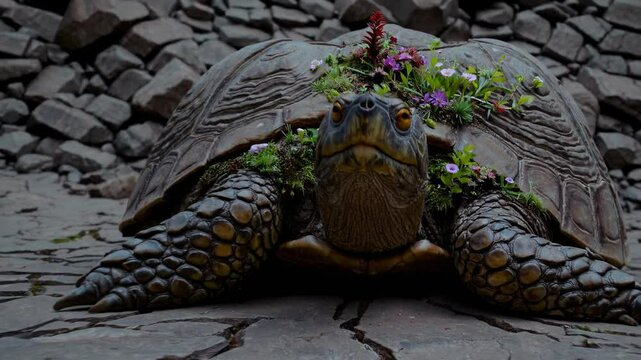 Tortoise with blooming flowers on shell crawls over cracked stone ground in surreal natural scene

