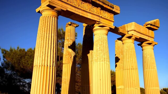 Ruins of ancient city of Delos, tall columns of the temple of Poseidon.