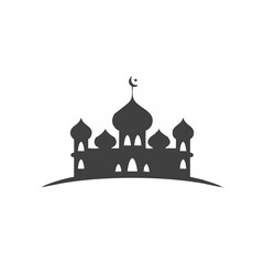 mosque, night sky, crescent moon, Islamic architecture, onion dome, silhouette, minimalist, black and white
