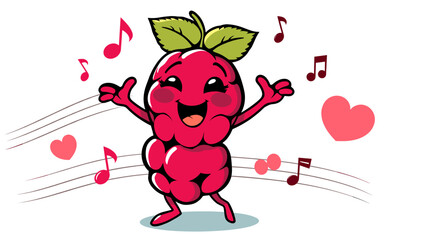 Happy Raspberry Character Dancing with Musical Notes and Hearts
