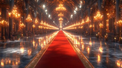 Grand Hallway, Red Carpet, Golden Chandeliers